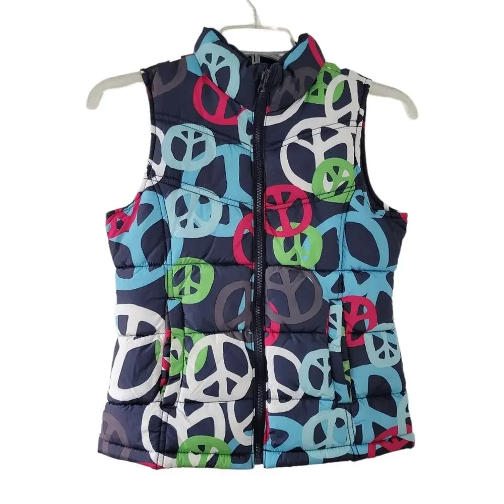 Old Navy Puffer Vest Kids Girls Size Large 10-12 Peace Signs Zip Up Coat